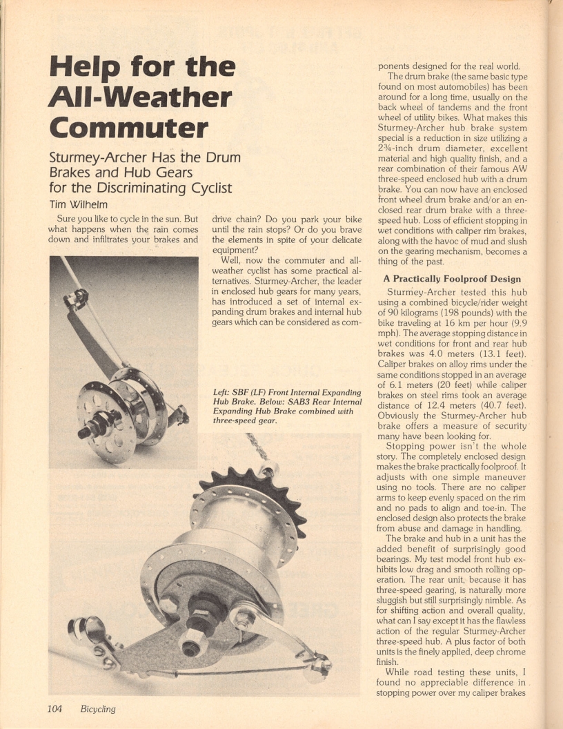 <------ Bicycling Magazine 03-1980 ------> Sturmey Archer Drum Brakes & Hub Gears