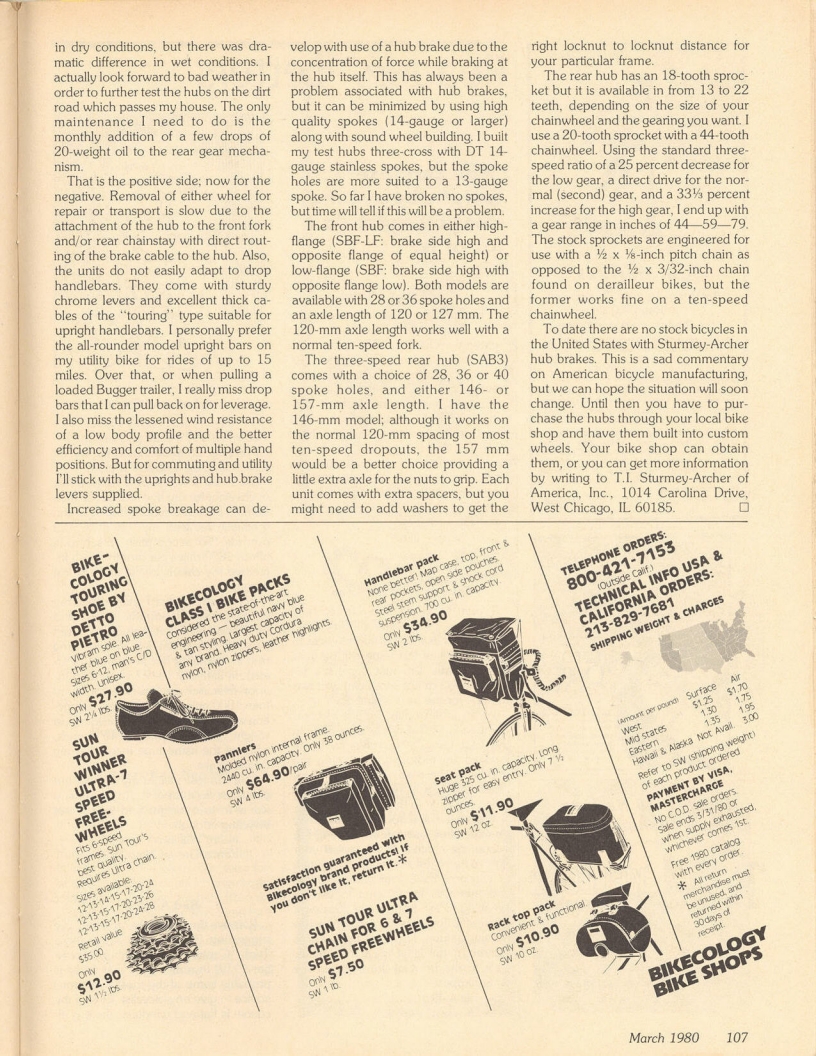 <------ Bicycling Magazine 03-1980 ------> Sturmey Archer Drum Brakes & Hub Gears
