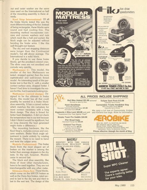 <------ Bicycling Magazine 05-1980 ------> Stopping Power - A Comparison Test Of 18 Brake Pads