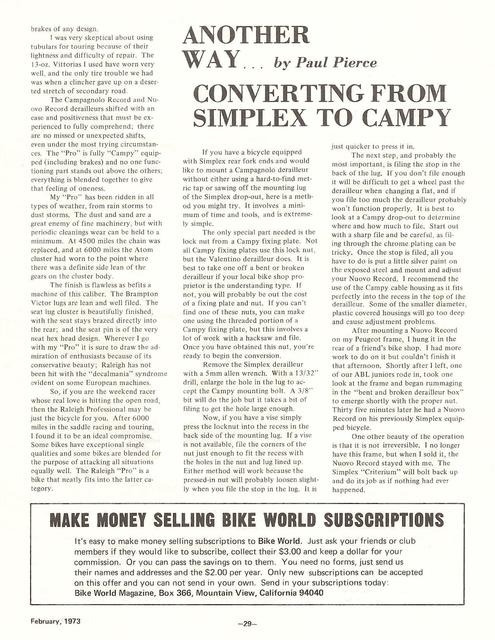 <------------ Bike World 02-1973 ------------> Converting From Simplex To Campy - Part 2