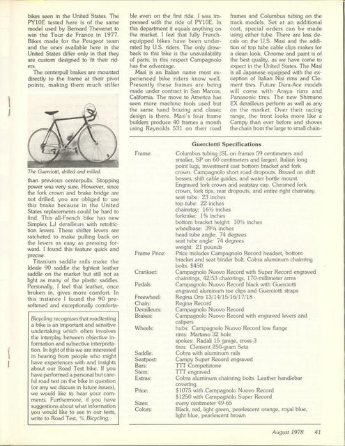 <-------------- Bicycling Magazine 08-1978 --------------> Peugeot PY-10E / Guerciotti / Masi EX