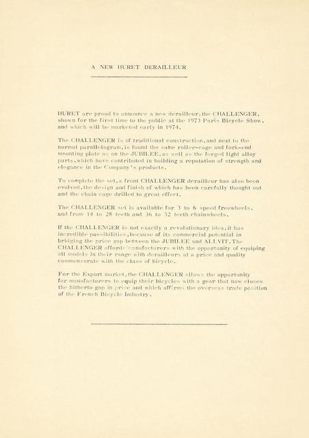 Huret Challenger product introduction  (1973)