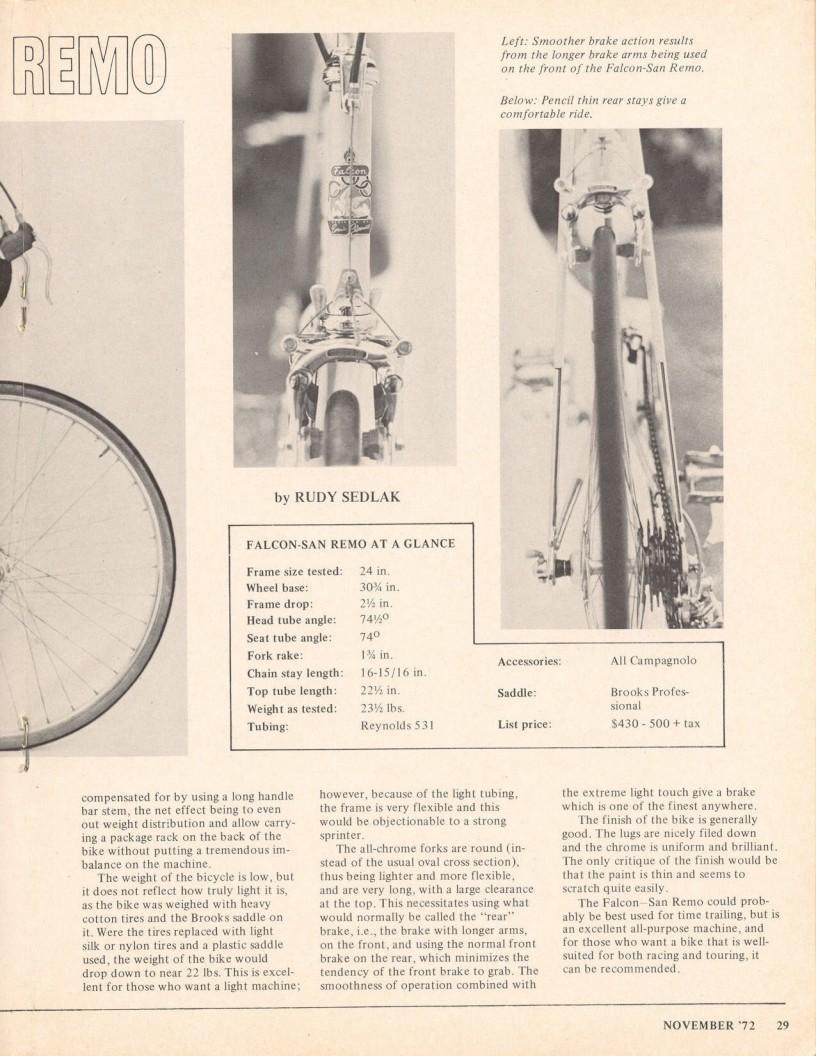 <------ Bicycling Magazine 11-1972 ------> Falcon San Remo