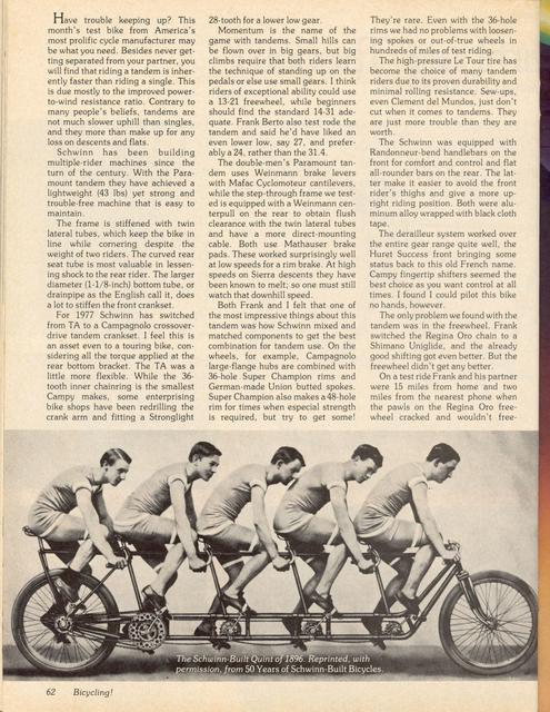 <------ Bicycling Magazine 07-1977 ------> Schwinn Paramount Tandem