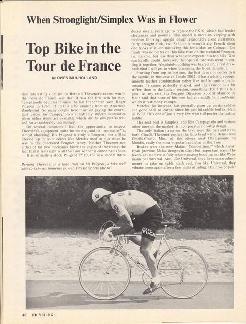 <------ Bicycling Magazine 10-1975 ------> Peugeot PY-10 (1975 TdF winning bike)