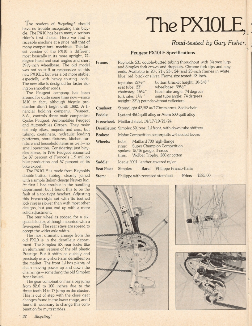 <------ Bicycling Magazine 12-1977 ------> Peugeot PX-10LE