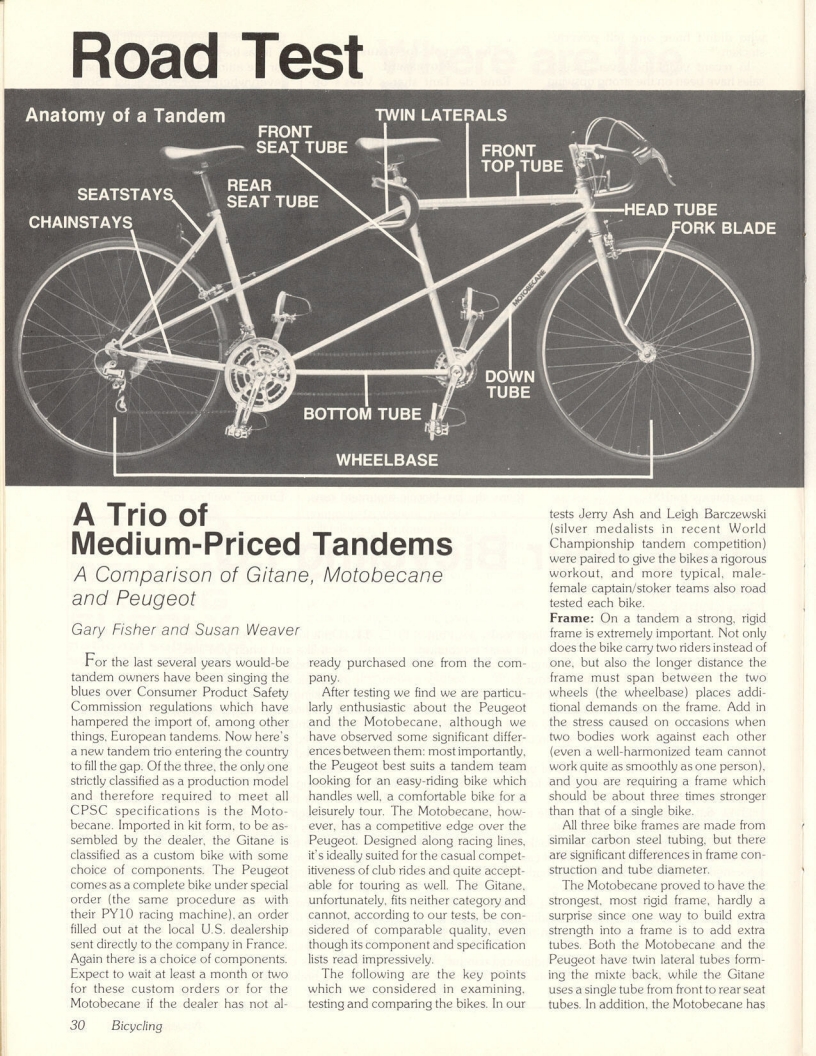 <------ Bicycling Magazine 11-1978 ------> A Trio of Tandems - Gitane / Motobecane / Peugeot