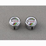 <------------------ SOLD ------------------> 3ttt handlebar end plugs - chrome - Olympic rings (NOS)