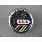 <------------------ SOLD ------------------> 3ttt handlebar end plugs - chrome - Olympic rings (NOS)