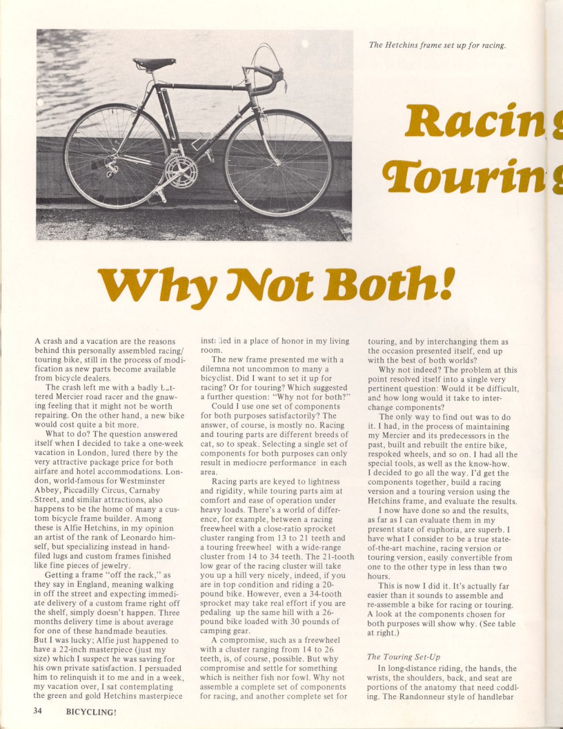 <------ Bicycling Magazine 06-1973 ------> Hetchin's Racing / Touring