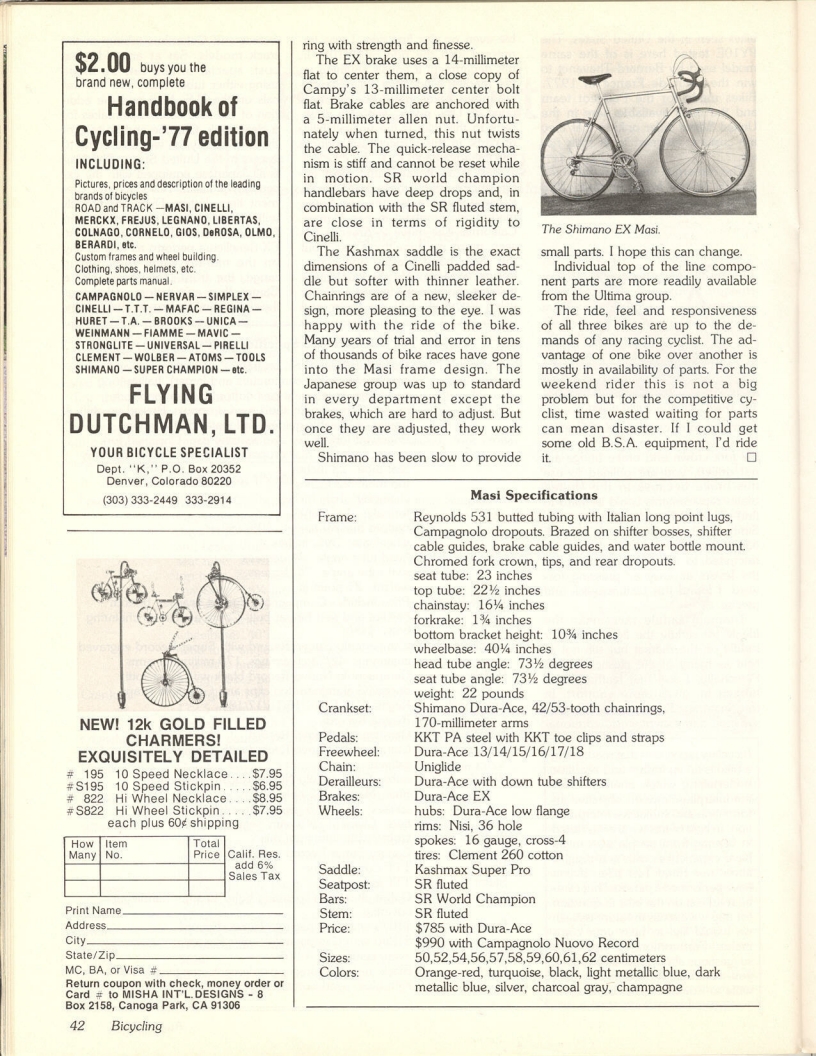 <------ Bicycling Magazine 08-1978 ------> Peugeot PY-10E / Guerciotti / Masi EX