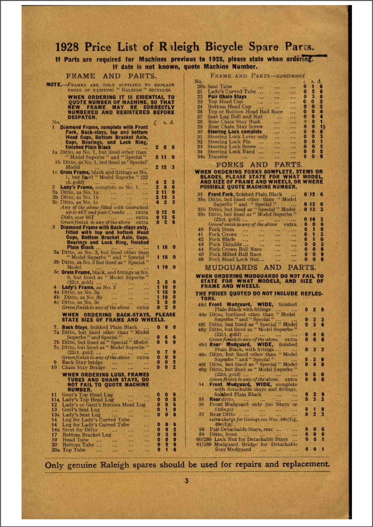 Raleigh spares price list (1928)