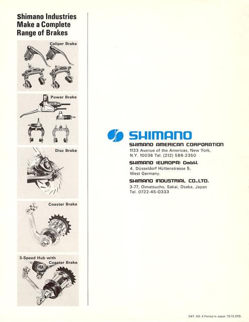 Shimano Tourney center-pull brake caliper brochure (10-1972)