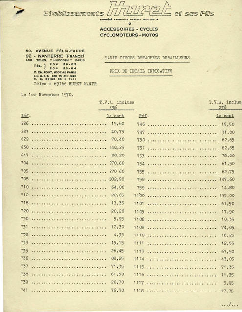 Huret price list (11-1970)