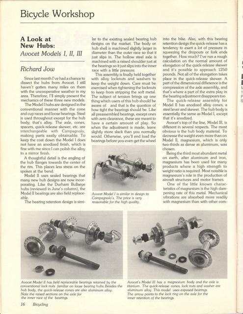 <------ Bicycling Magazine 08-1978 ------> A Look At New Hubs - Avocet Models I, II, III